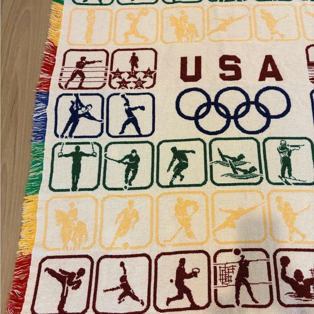 Vintage USA Olympics Knit Woven Multicolor Throw Blanket VERY RARE